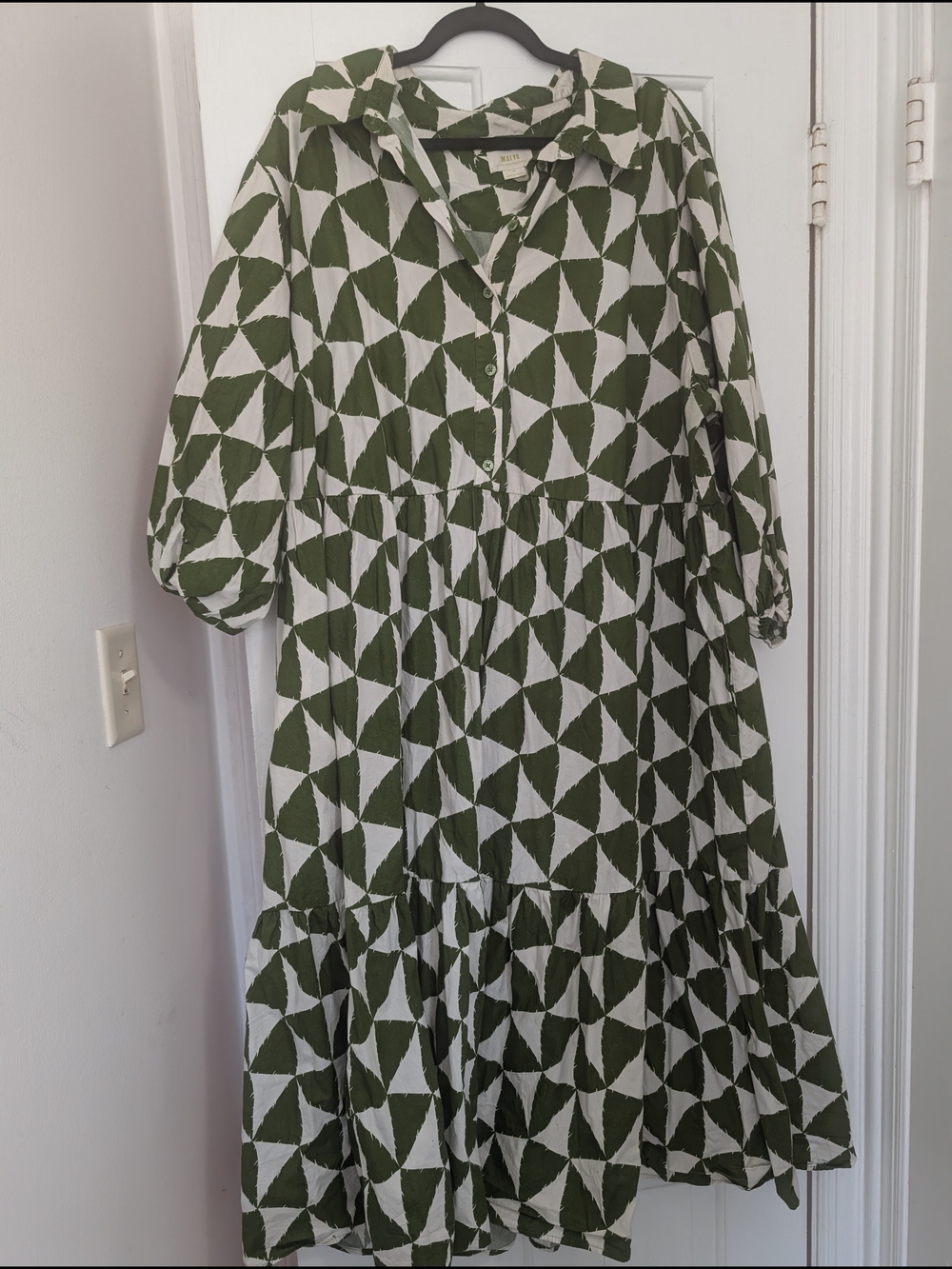 Anthropologie Olive and White Geometric Collared Bettina Maxi Dress - Picture 5 of 7